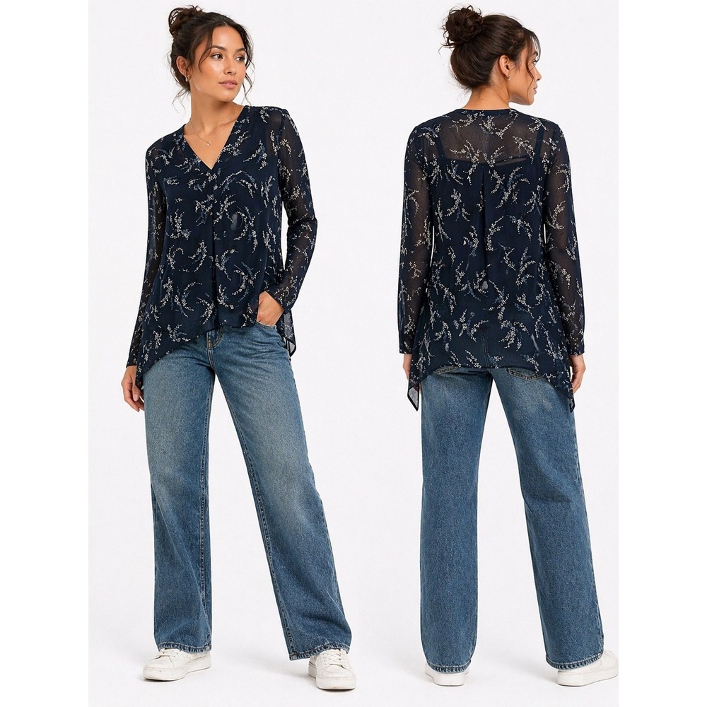 Vince Blouse Womens Size M Navy Blue Floral V-Neck Long Sleeve‎ Chiffon Top